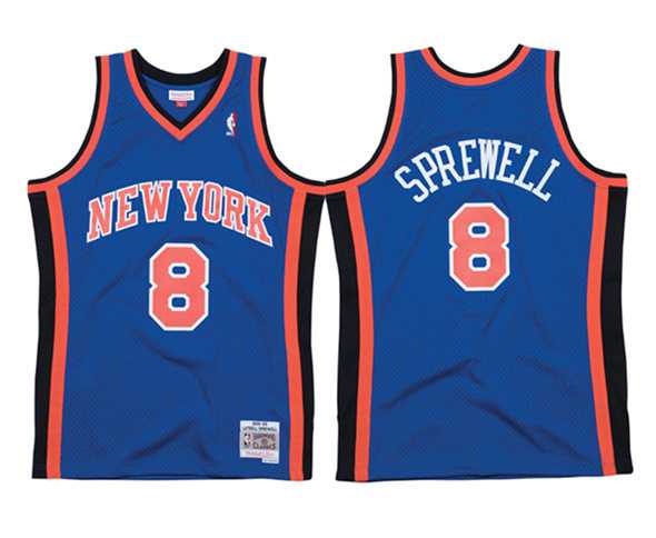 Mens New Yok Knicks #8 Latrell Sprewell Blue Mitchell & Ness 98-99 Road Swingman Stitched Jersey->new york knicks->NBA Jersey